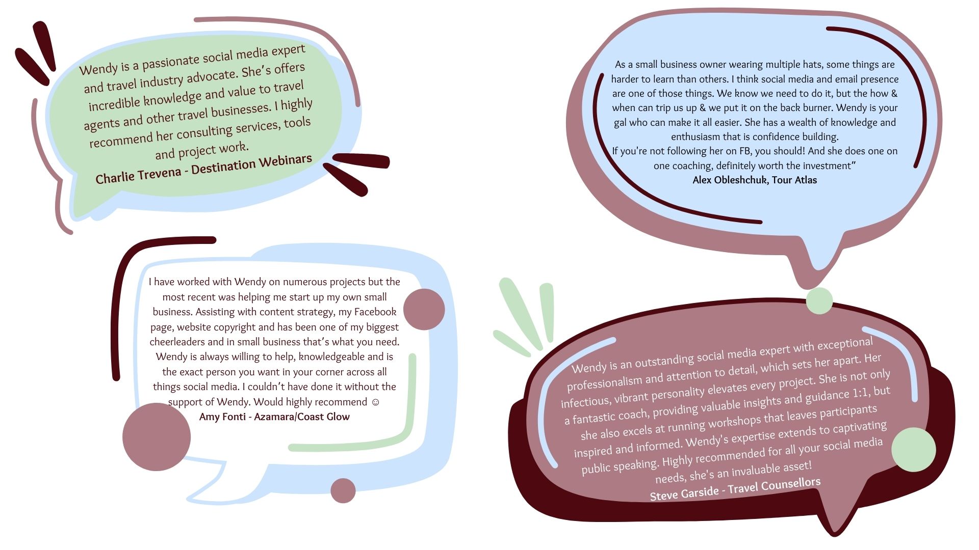 Speech bubbles with testimonies from clients inside
